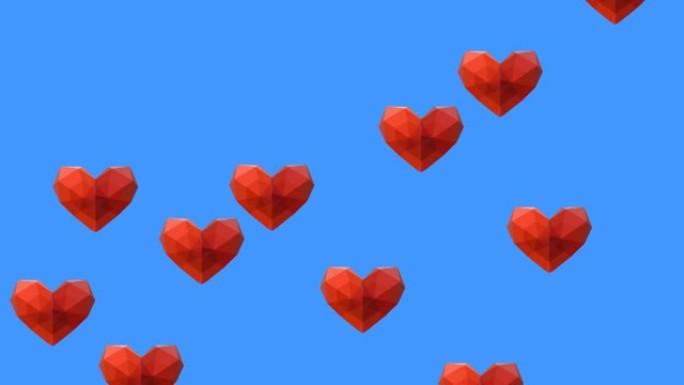 蓝色背景下漂浮的多个心脏图标的数字动画
