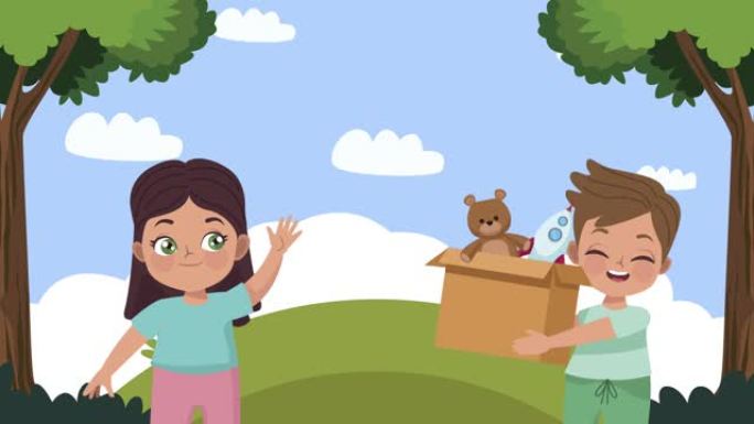 营地动画中的小孩子们与玩具盒的情侣