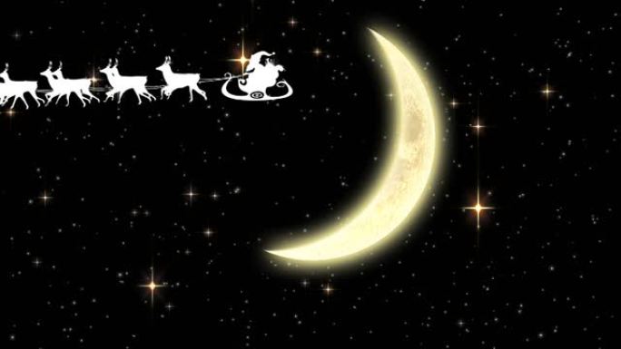 圣诞老人在雪橇上的动画，驯鹿在月亮和星星上