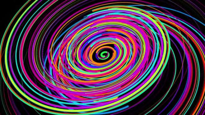 螺旋状旋转的彩色线条或条纹沿旋流路径飞行。粒子的运动设计bg塑造线或轨迹，螺旋和抽象结构。3d渲染