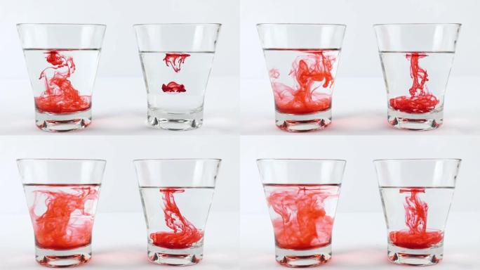 将红色食用色素倒入左侧的温水和右侧的醋中。扩散科学概念