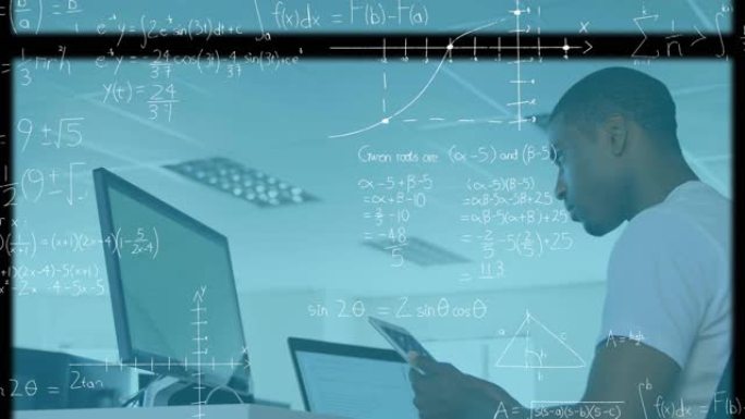 在办公室中使用平板电脑对商人的范围和数学方程式的动画