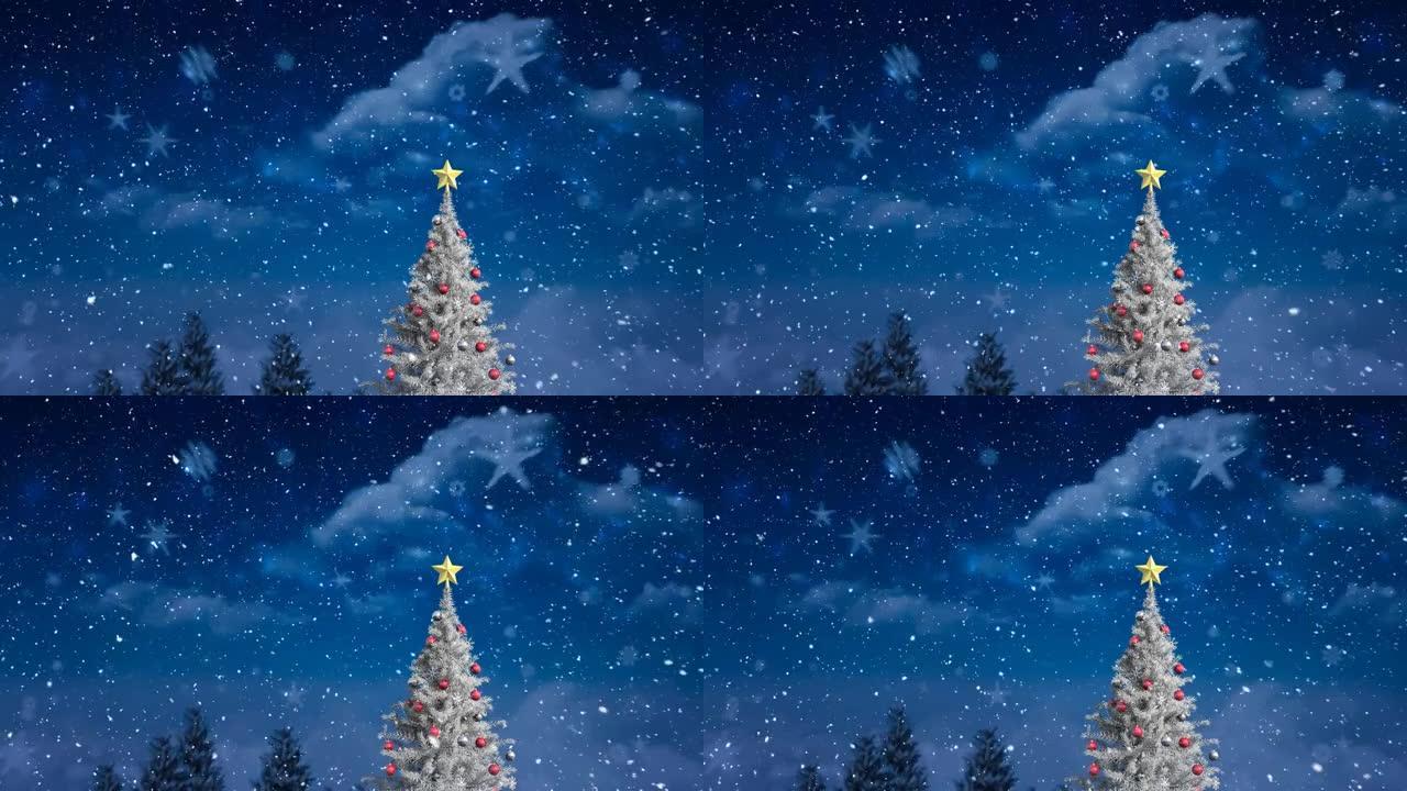 带有圣诞树的冬天的雪花飘落的动画