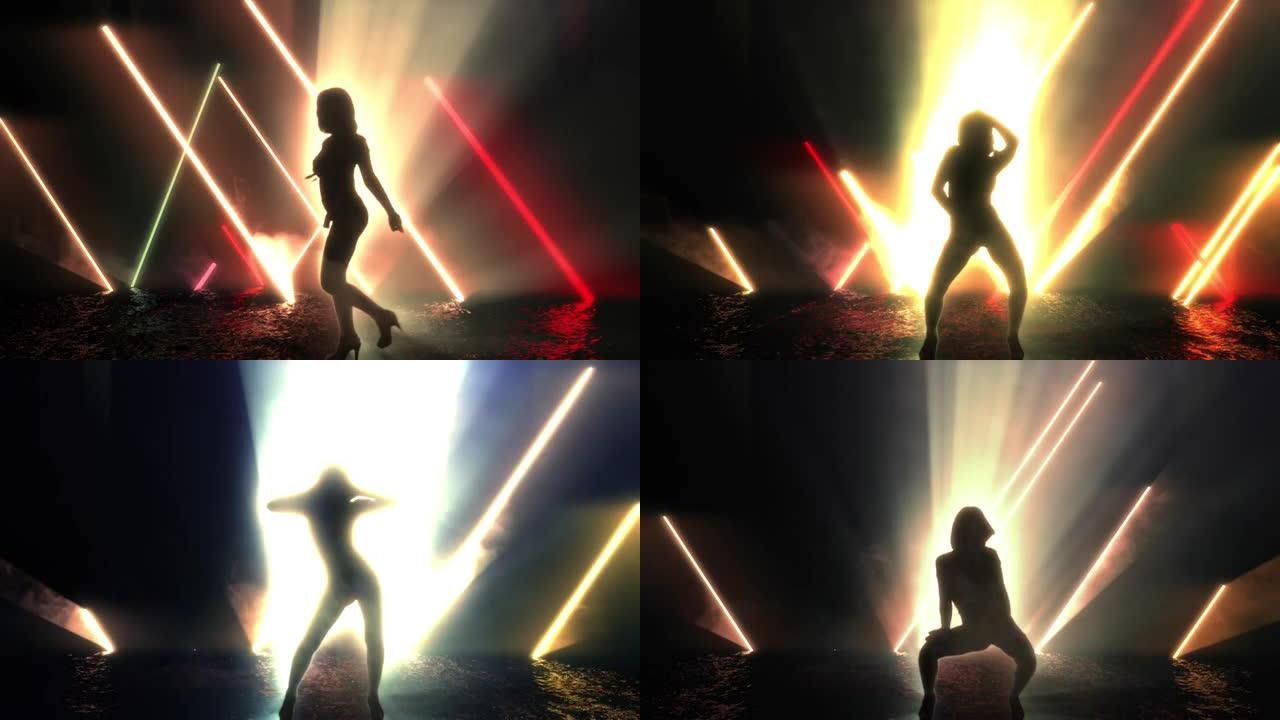 灯光舞台上的3D动画剪影性感舞者