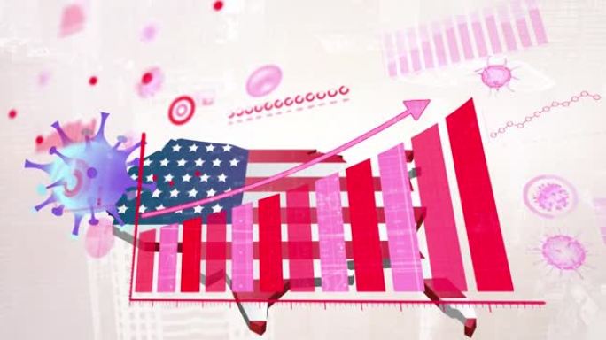 美国国旗上带有病毒图标的数据处理动画