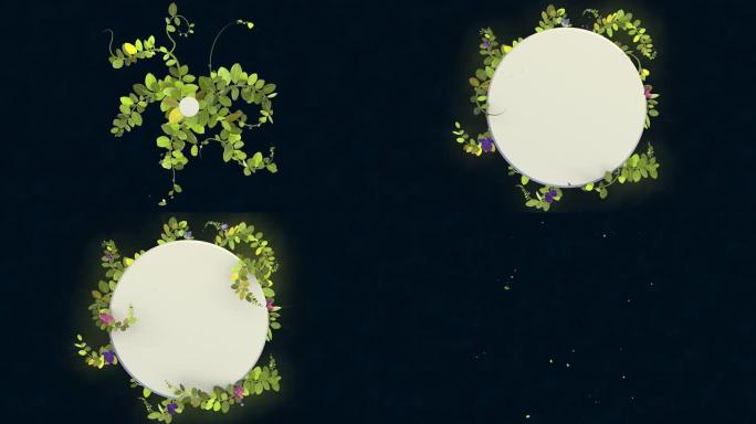 在黑色背景上生长植物和藤蔓动画，中间有一个动画的空白圆圈形状。将空间复制到插入元素