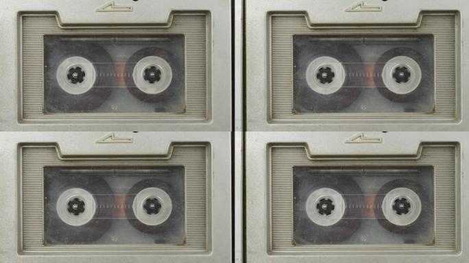 录音机倒带插入其中的录音带。倒带并停止录音带。老式录音带。