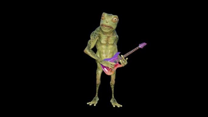 3D外星青蛙弹吉他，动画，透明背景