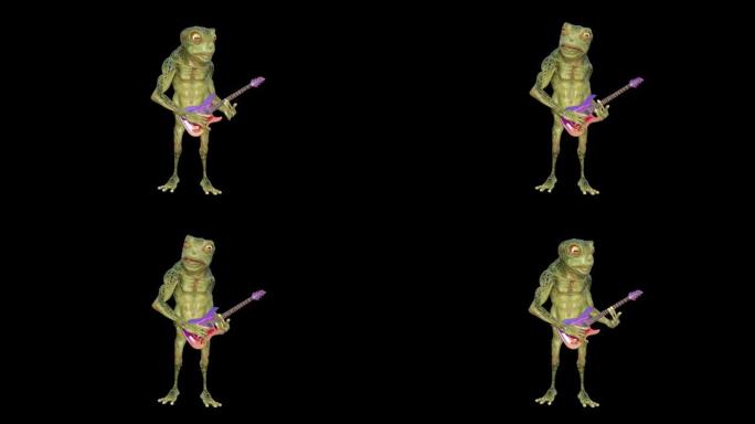 3D外星青蛙弹吉他，动画，透明背景