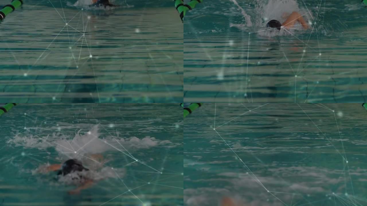 女性游泳运动员游泳的连接网络动画