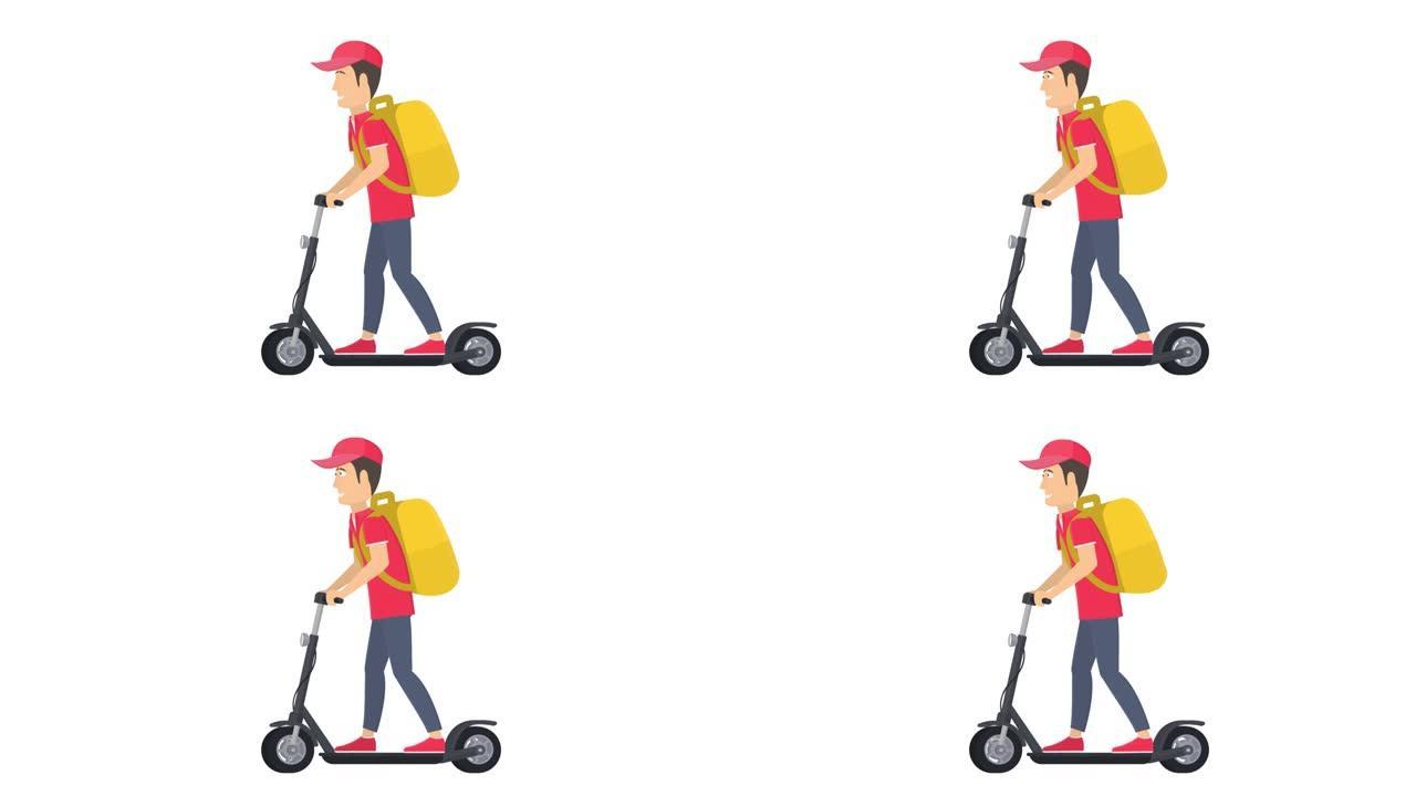 送货员。快递员骑着电动踏板车的动画，上面装有杂货盒。卡通