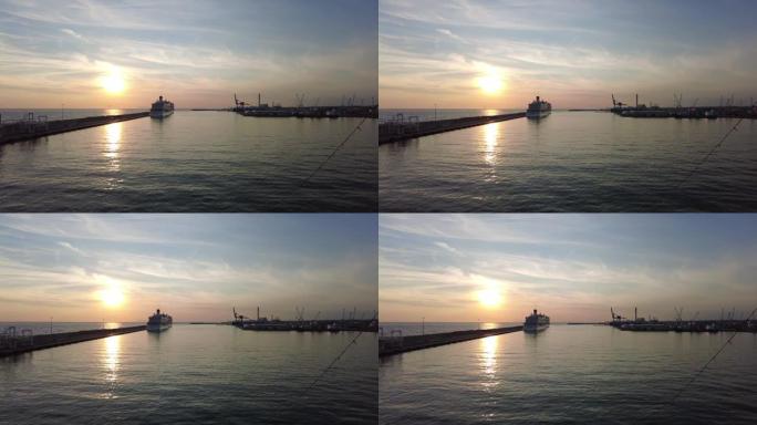 Pov游轮离开港口，拥有梦幻般的日落天空和港口天际线