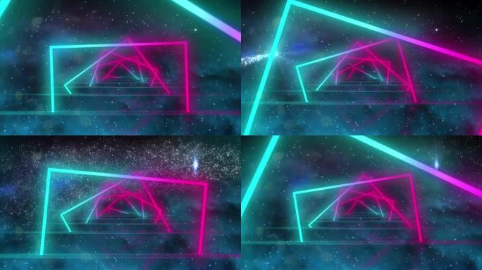 霓虹灯方块在无缝运动中旋转的数字动画和黑色背景上的流星