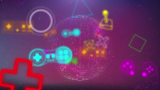 霓虹灯视频游戏数字界面在地球上闪烁的动画