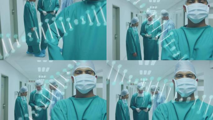外科医生在面罩上的dna链旋转的动画