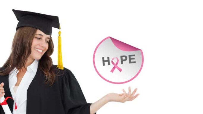 粉红丝带标志与希望文字的动画在微笑的女学生