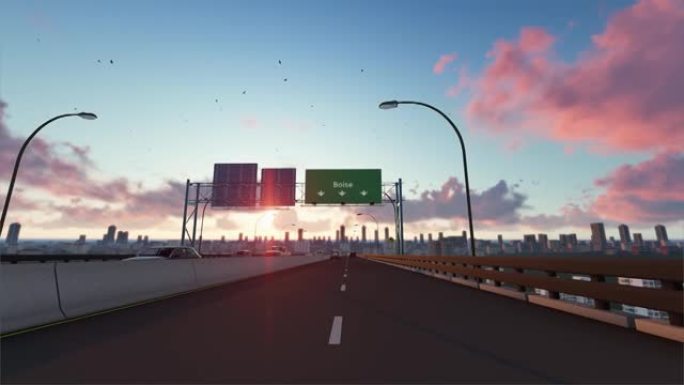 开车去博伊西，高速公路的动画场景。博伊西公路标志