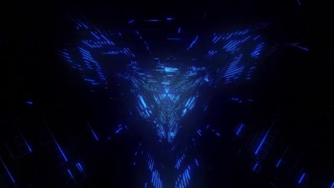 飞入网状结构，抽象霓虹蓝圈科幻隧道