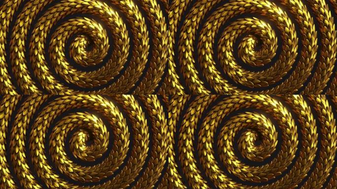 3d循环动画，带螺旋金蛇移动的抽象幻想背景，闪亮的金属龙鳞纹理，动画壁纸