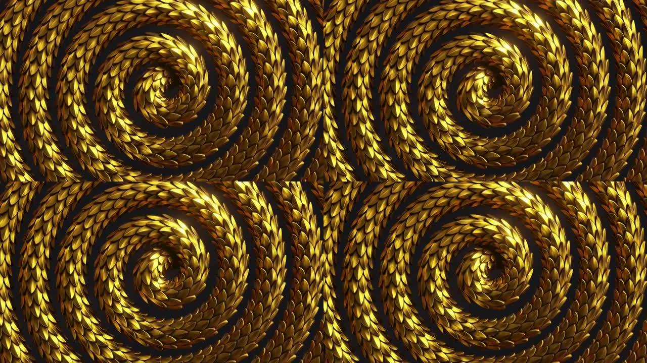 3d循环动画，带螺旋金蛇移动的抽象幻想背景，闪亮的金属龙鳞纹理，动画壁纸