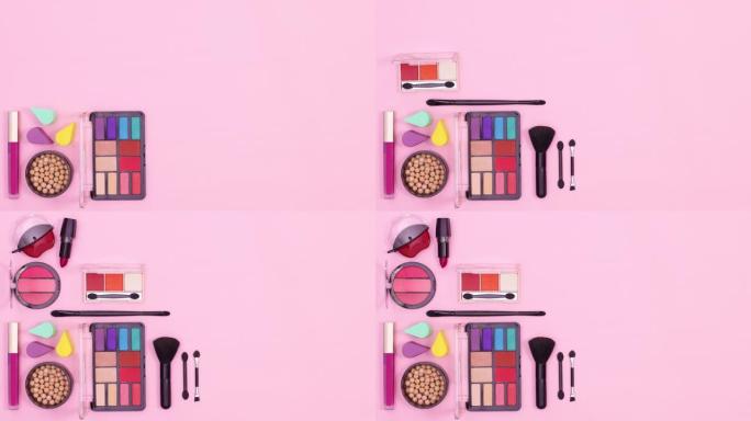 化妆产品和工具一一出现在粉红主题的左侧。停止运动