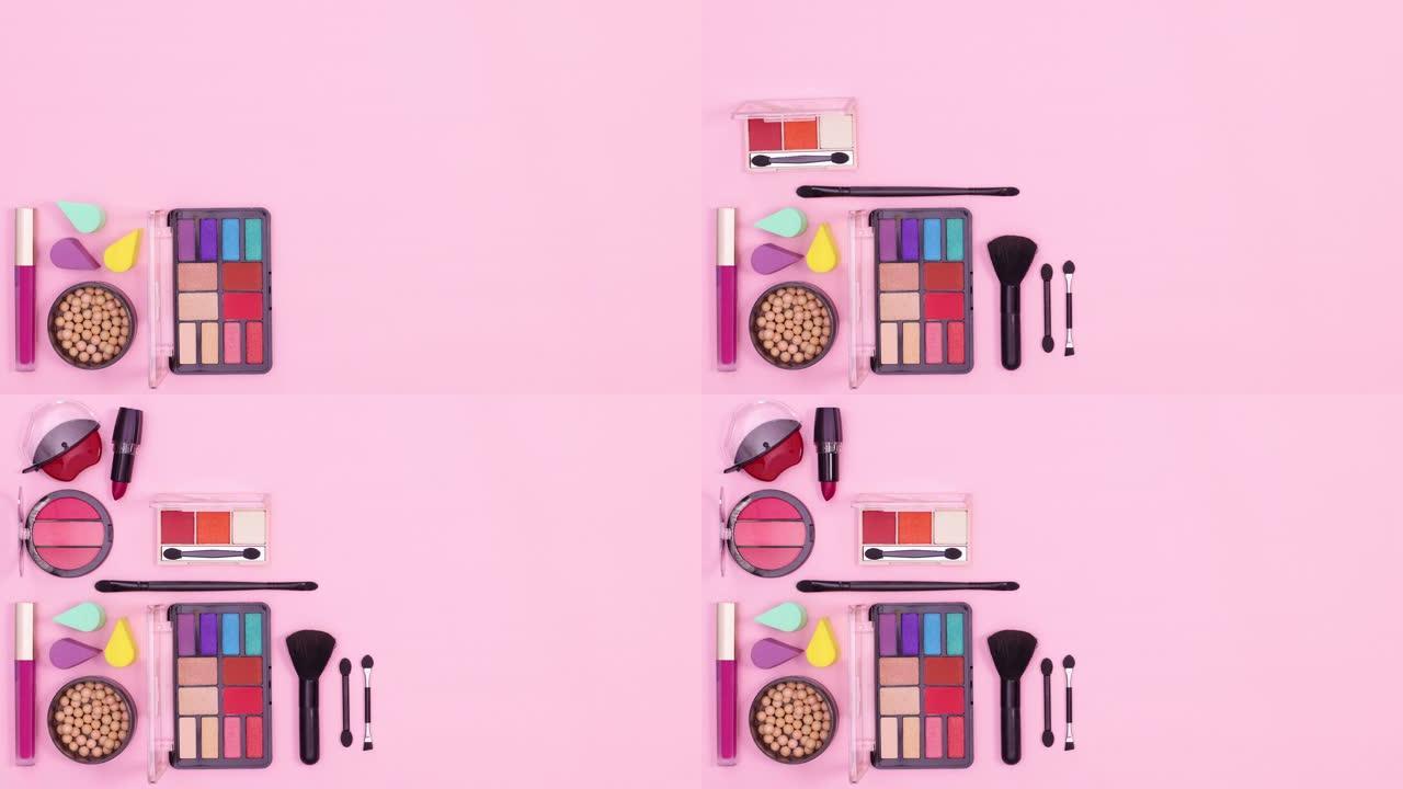 化妆产品和工具一一出现在粉红主题的左侧。停止运动