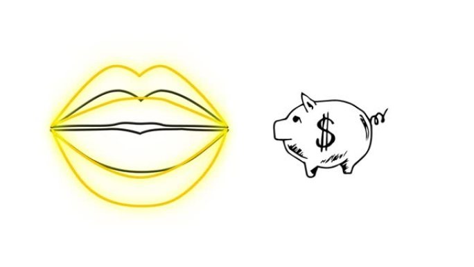 白色背景下霓虹黄色嘴唇和存钱罐图标的数字动画