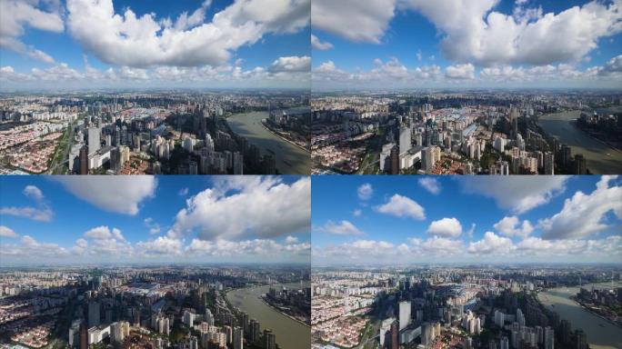多云的下午上海城市的时间流逝，上海天际线的鸟瞰图，黄浦江上的船只航行，道路上繁忙的交通，云层移动和阴