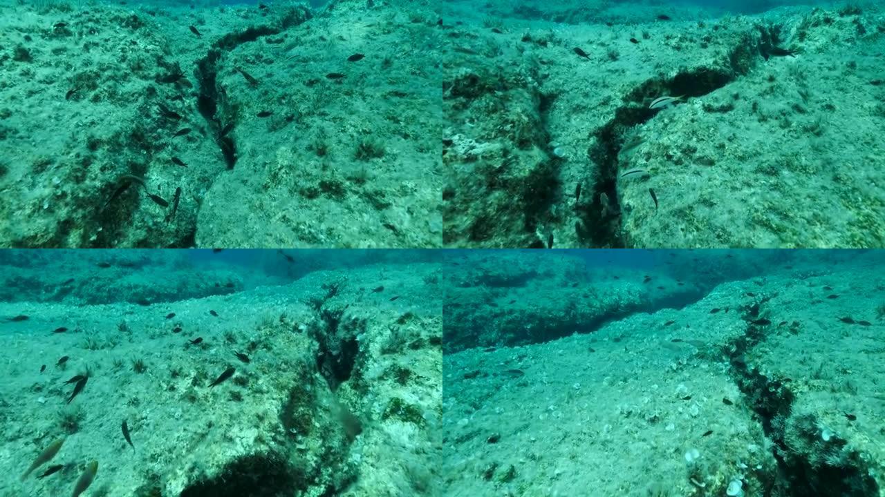 构造板块上海床上的裂缝。海底板块的Tiktanic位移。4K-60 fps。塞浦路斯地中海典型的天然