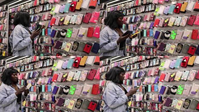 现代黑人女性，在商店里测量手机盖，看它是否适合她的手机