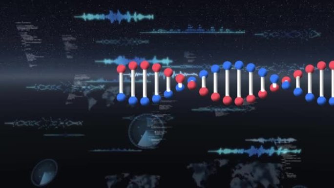 蓝色背景上的dna结构在数据处理上旋转的数字动画