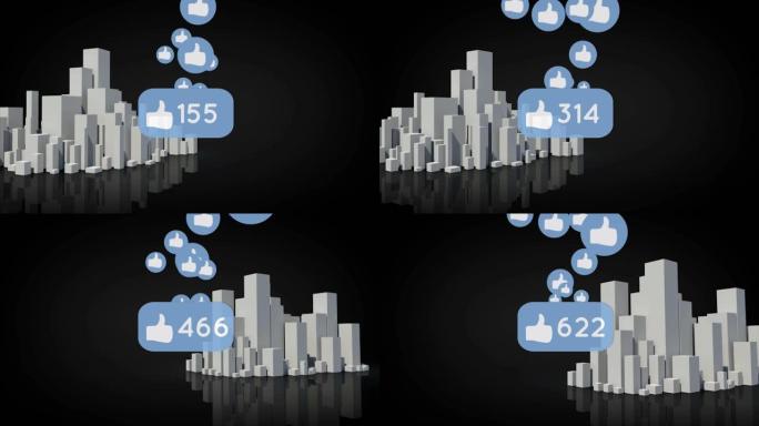 在黑色背景上旋转的3d城市模型中，具有越来越多的数字的多个类似图标