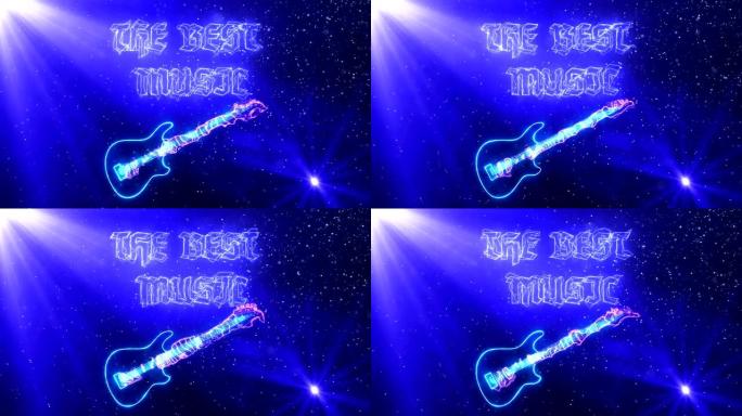 霓虹灯发光电吉他在太空中闪烁在电光和文字中