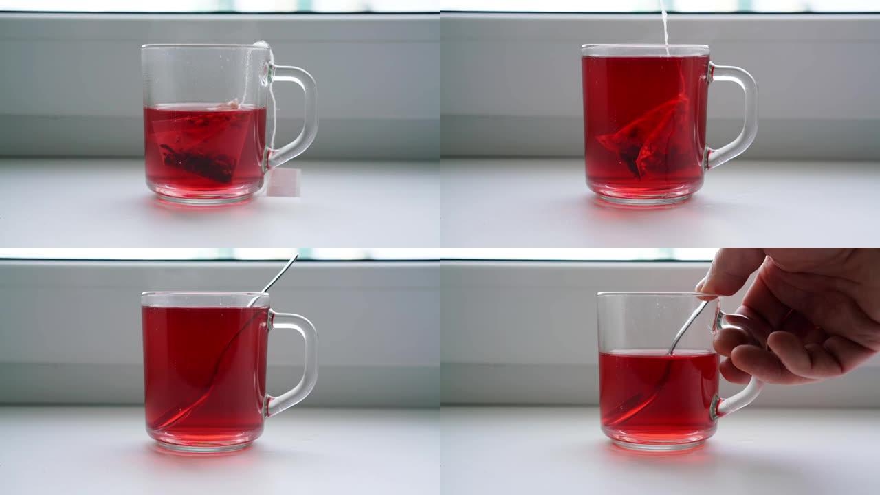 timelapse man在玻璃杯中酿造美味的覆盆子茶