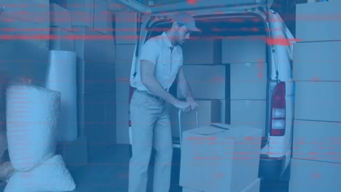 送货员将箱子装入货车的数据处理动画