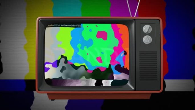 屏幕上有扭曲色条的复古电视机动画，背景相同