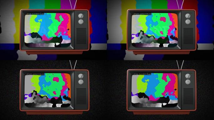 屏幕上有扭曲色条的复古电视机动画，背景相同
