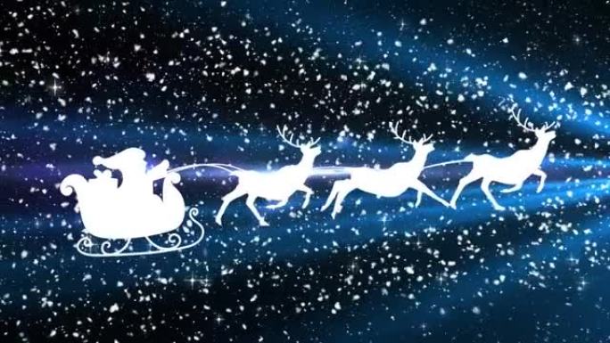 圣诞老人在雪橇上的动画与驯鹿在积雪和发光的星星上