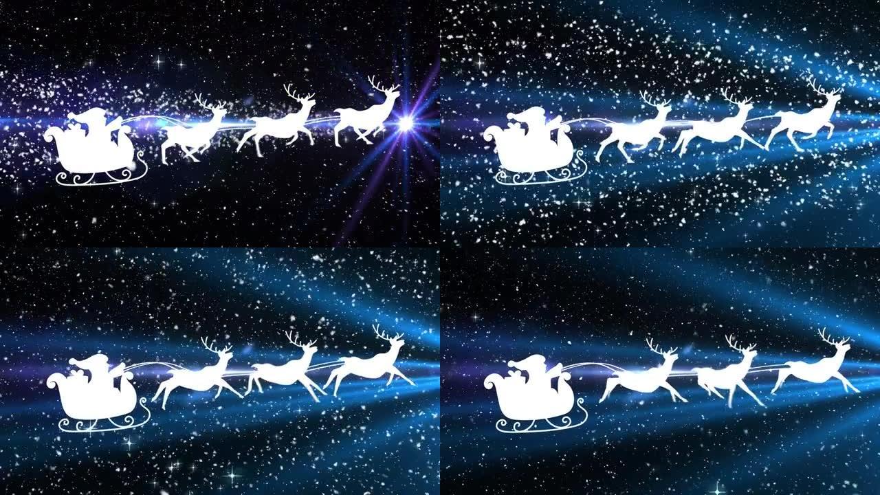圣诞老人在雪橇上的动画与驯鹿在积雪和发光的星星上