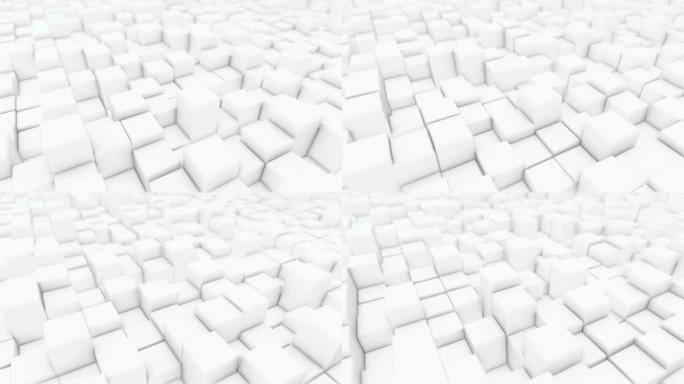 随机水平面上的抽象白色立方体块。极简主义概念。3D插图渲染。4k运动图形录像。无缝循环