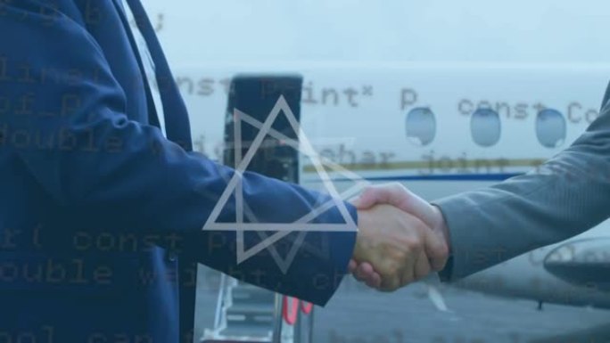 两个商人在机场跑道上握手的中间部分的抽象形状和数据处理