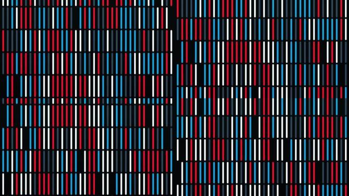 抽象相同大小的彩色运动窄平行线在黑色背景上飞起，无缝循环。动画。一排排向上移动的直线段