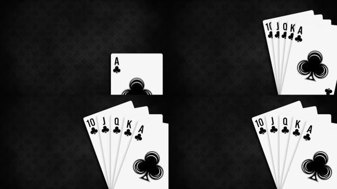 动画开场皇家同花顺俱乐部在黑色背景上扑克牌。扑克和赌场扑克牌。空白海报模板与设计卡皇家同花顺扑克手。