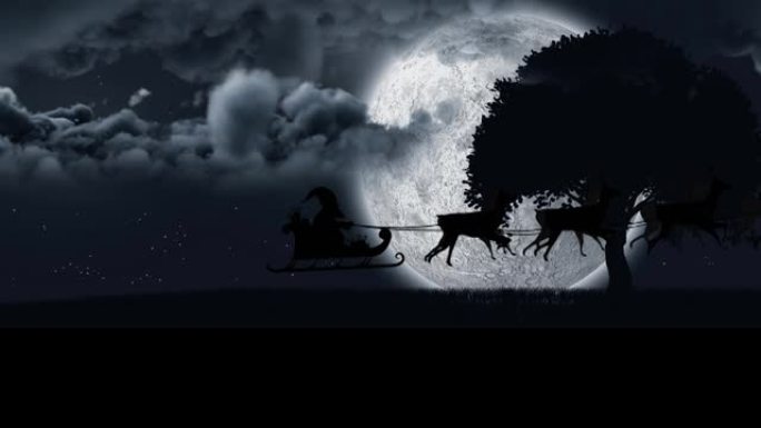 圣诞老人在雪橇上的动画，驯鹿越过月球