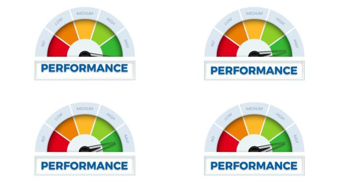 仪表上的性能一词。测量性能水平的速度计。动画插图