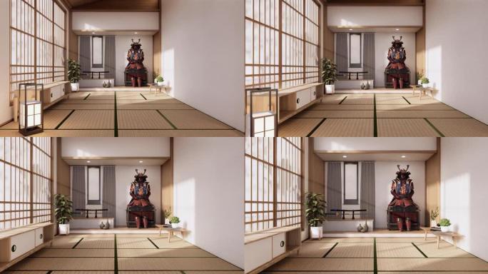 日本房间设计室内，门纸和橱柜搁板墙在榻榻米地板房间日式风格。3D渲染