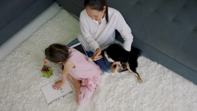 亚洲母女在家快乐地与狗玩耍