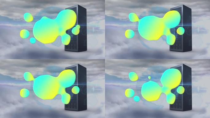 渐变抽象形状在旋转的地球仪和计算机服务器上抵御天空中的云