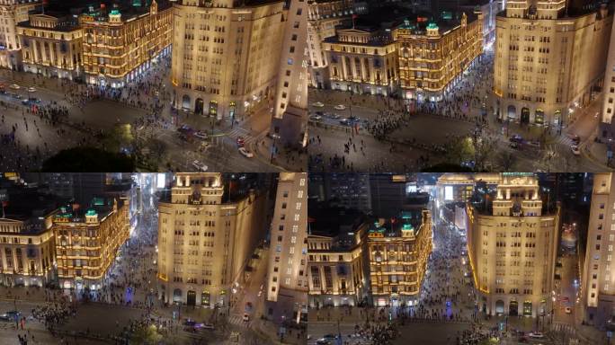 上海外滩航拍人流车流夜景