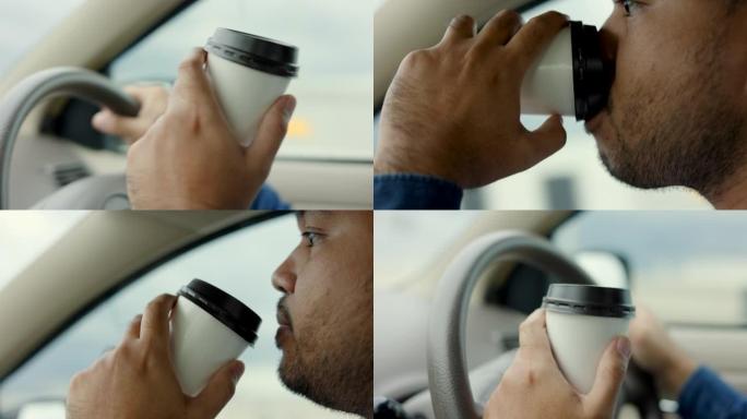 年轻人开车喝一杯热咖啡。特写镜头握着方向盘驱动车辆。